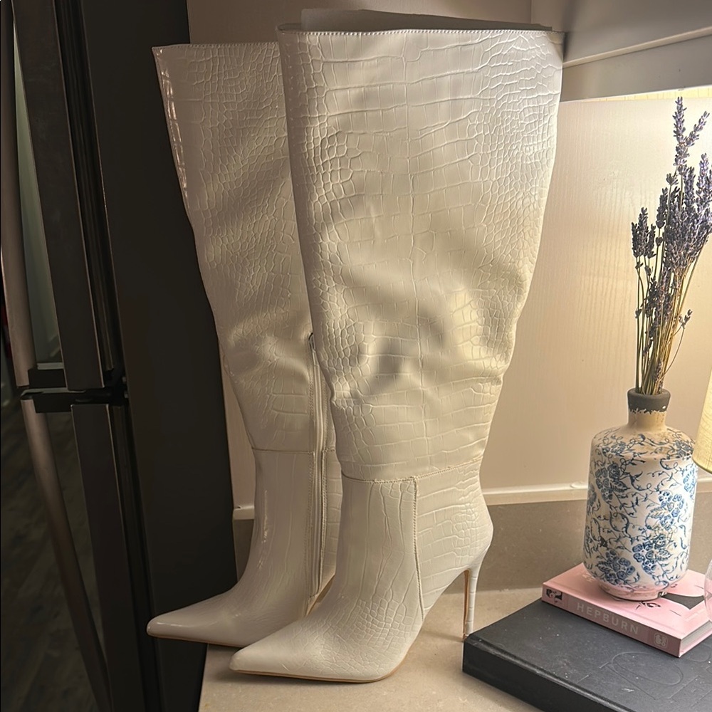 Brand new White Croc-Embossed Knee-High Boots